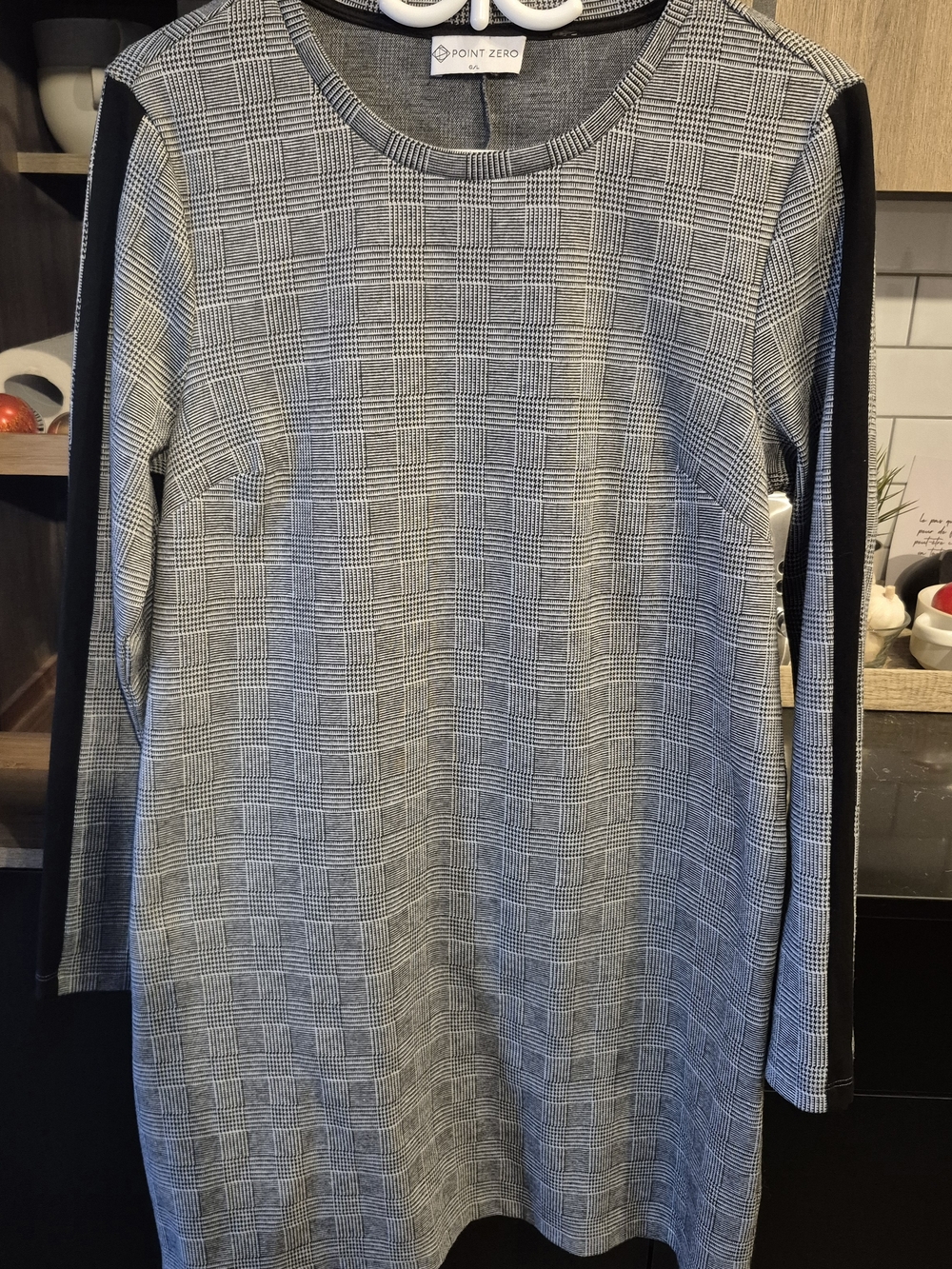 Point Zero Gray Plaid Long Sleeve Shift Dress with Black Panels